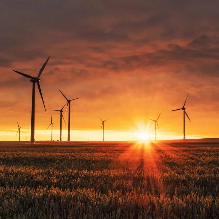 Wind turbines at sunset